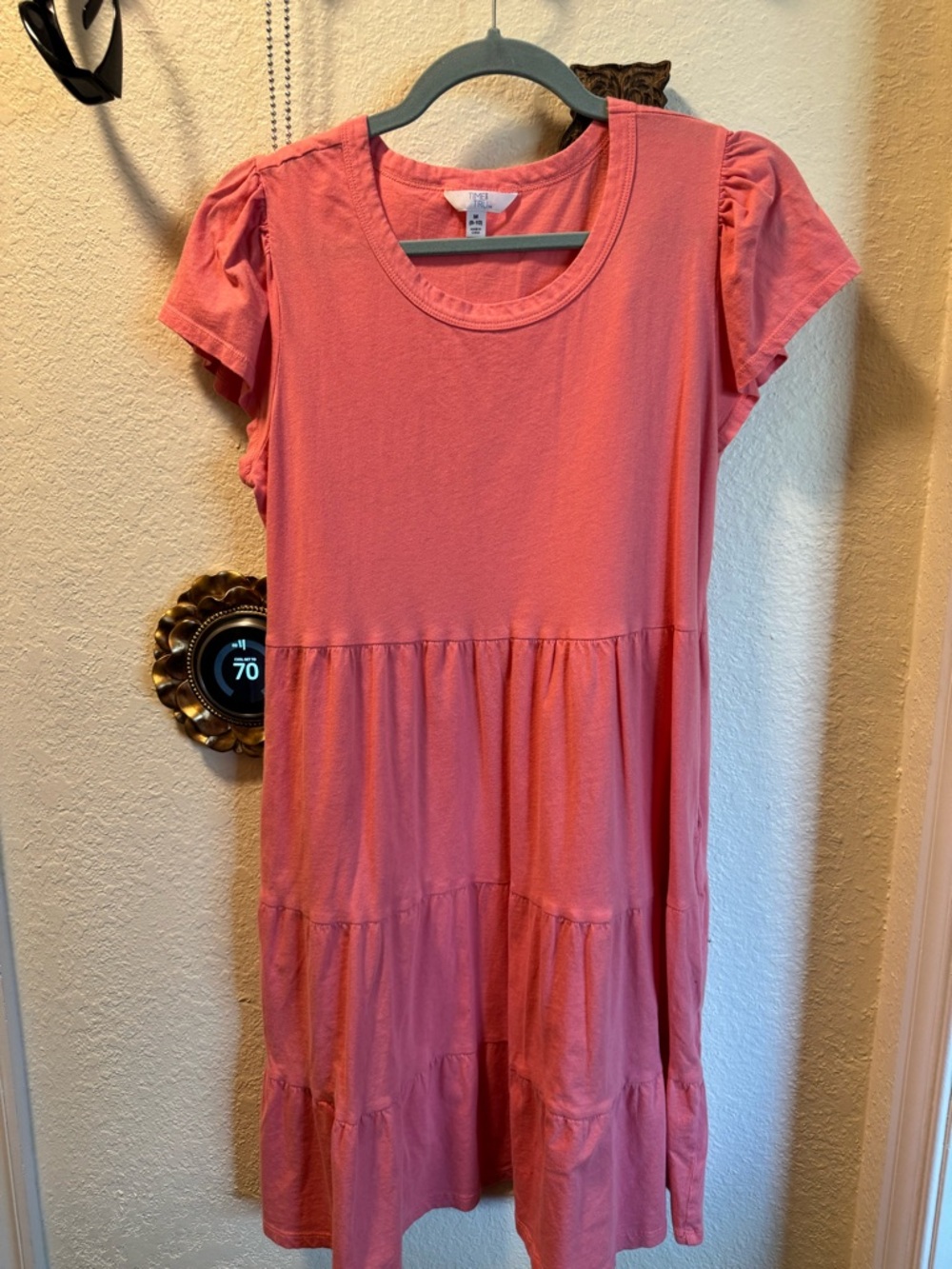 Time and Tru Coral Tiered Puff-Sleeve Dress